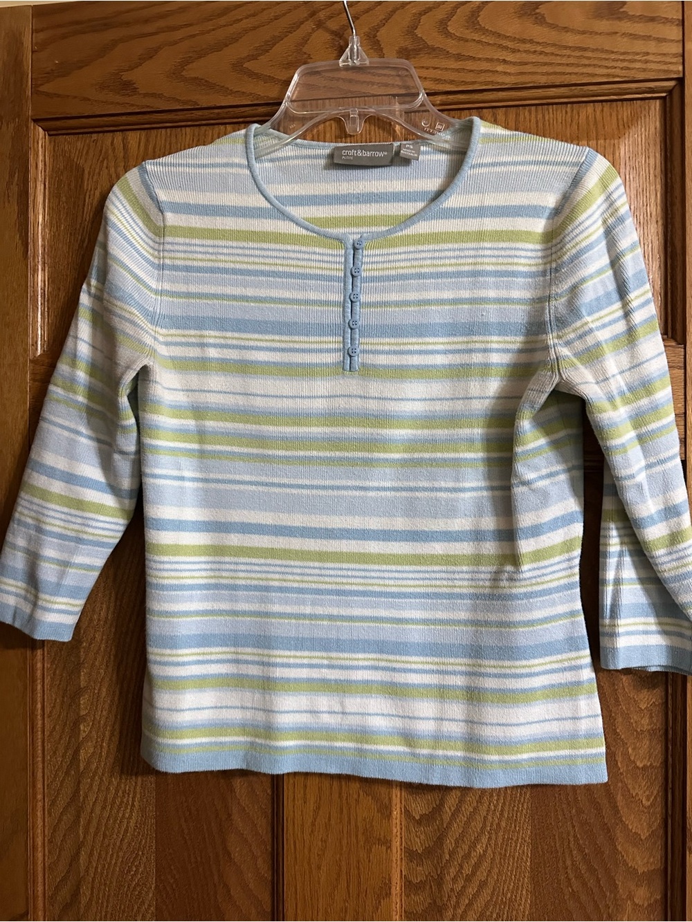 croft & barrow Blue, White & Light Green Striped Henley Long Sleeve Top